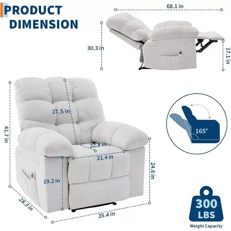 Fauteuil inclinable, large fauteuil à bascule, fauteuil d'appoint avec massage et chaleur, fauteuil inclinable ergonomique en tissu respirant surdimensionné avec chaleur