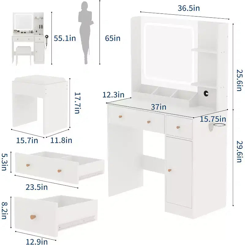 Coiffeuse avec miroir et lumières, tiroirs de rangement, étagères, placard et chaise, 3 modes d'éclairage et luminosité réglable, pour chambre à coucher, salon