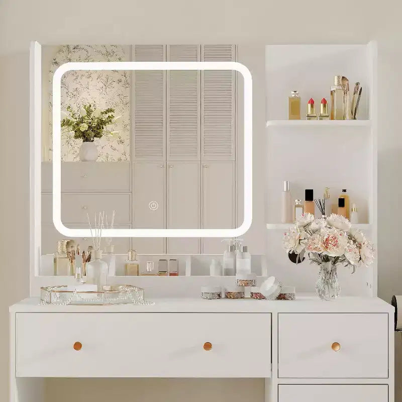 Coiffeuse avec miroir et lumières, tiroirs de rangement, étagères, placard et chaise, 3 modes d'éclairage et luminosité réglable, pour chambre à coucher, salon