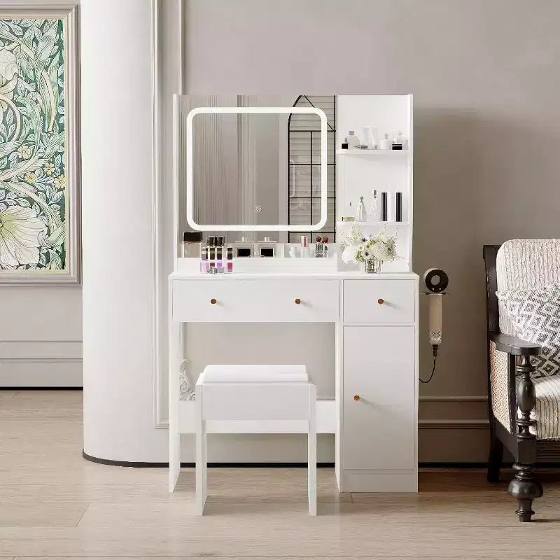 Coiffeuse avec miroir et lumières, tiroirs de rangement, étagères, placard et chaise, 3 modes d'éclairage et luminosité réglable, pour chambre à coucher, salon