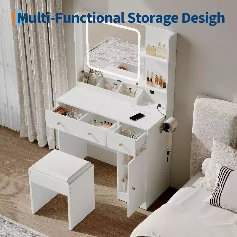 Coiffeuse avec miroir et lumières, tiroirs de rangement, étagères, placard et chaise, 3 modes d'éclairage et luminosité réglable, pour chambre à coucher, salon