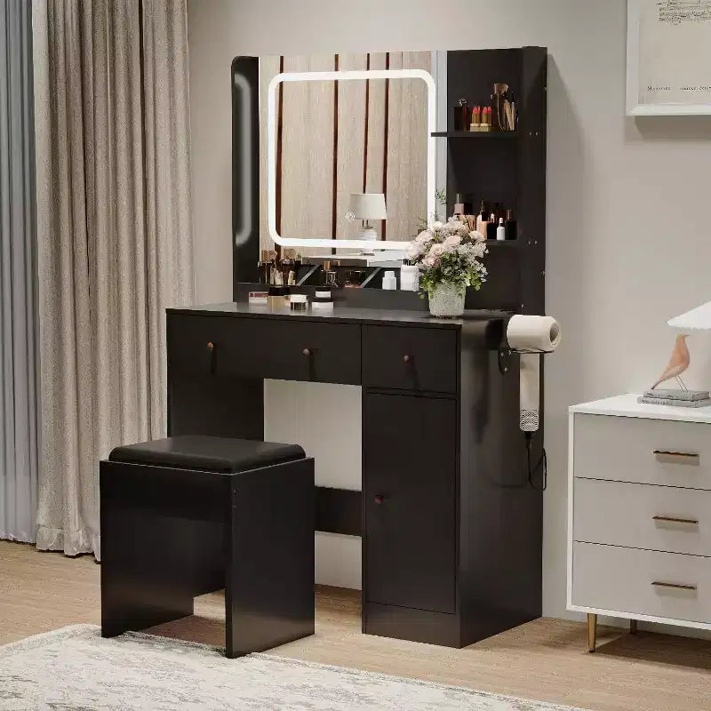 Coiffeuse avec miroir et lumières, tiroirs de rangement, étagères, placard et chaise, 3 modes d'éclairage et luminosité réglable, pour chambre à coucher, salon