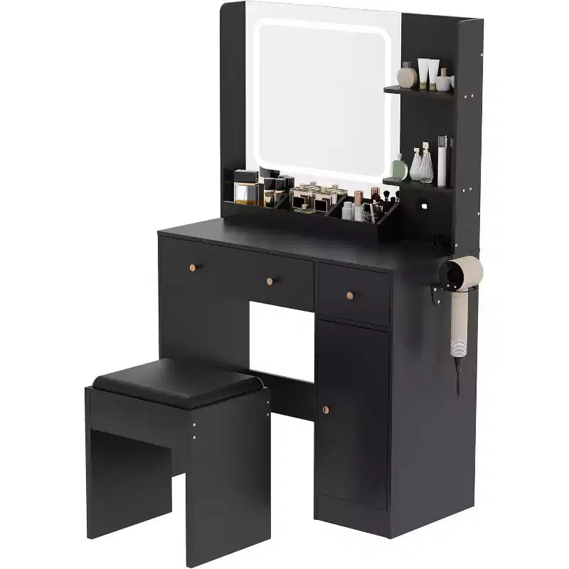 Vanity Desk with Mirror and Lights, Storage Drawers Shelves Cabinet& Chair, 3 Lighting Modes & Adjustable Brightness, for Bedroom, Living Room
