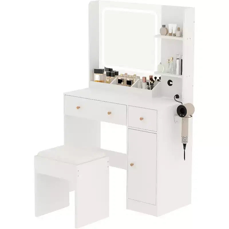 Coiffeuse avec miroir et lumières, tiroirs de rangement, étagères, placard et chaise, 3 modes d'éclairage et luminosité réglable, pour chambre à coucher, salon