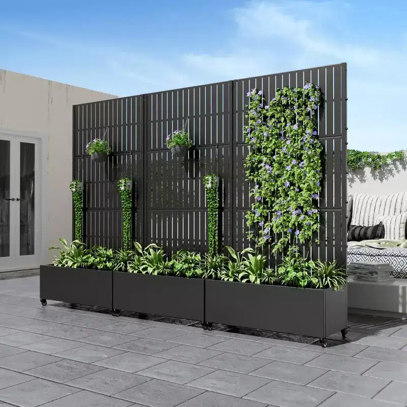 MAYEERTY Jardinière avec treillis en fer noir, style clôture verticale, 183x89x41 cm, ensemble de 3 pièces