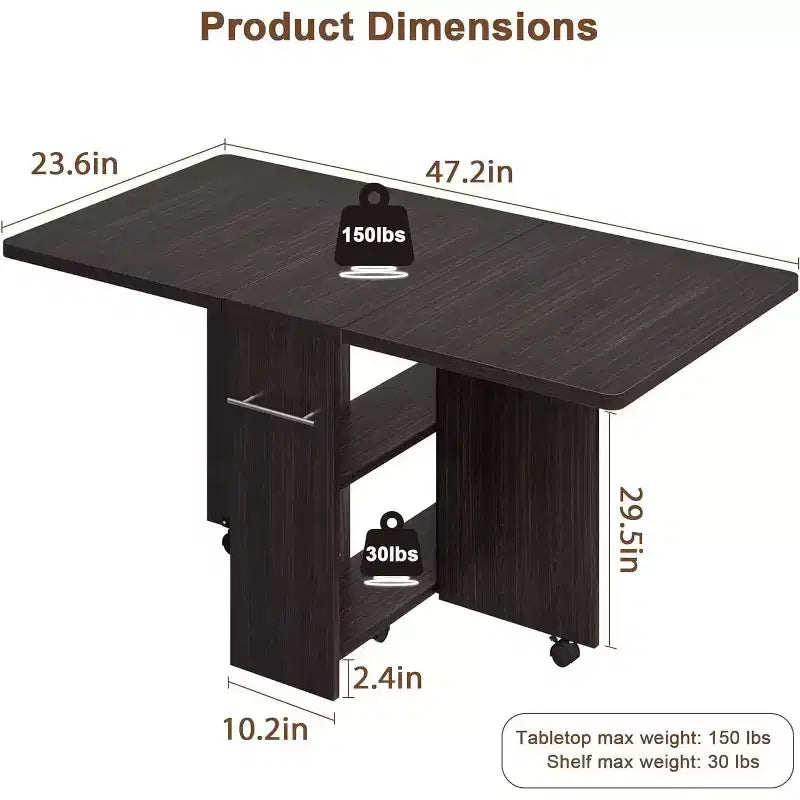 Table à manger pliante COZONY, table de cuisine extensible style ferme avec plateau rabattable, étagère de rangement et 6 roulettes, table multifonction peu encombrante