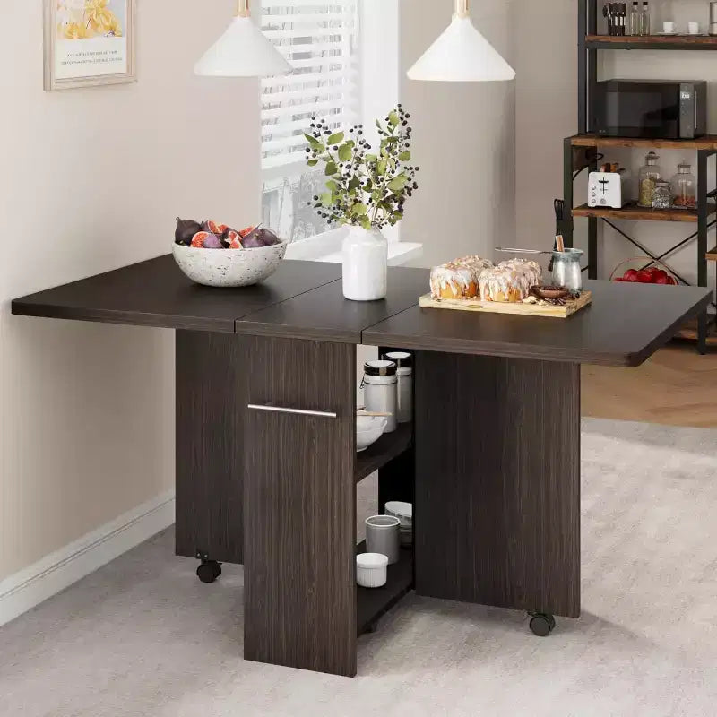 Table à manger pliante COZONY, table de cuisine extensible style ferme avec plateau rabattable, étagère de rangement et 6 roulettes, table multifonction peu encombrante