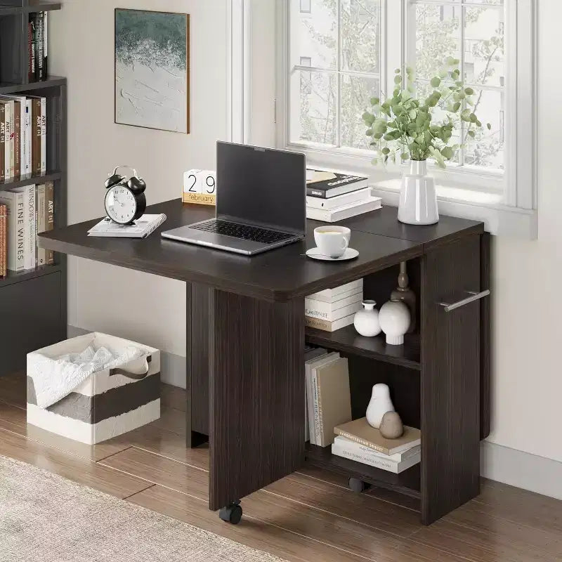 Table à manger pliante COZONY, table de cuisine extensible style ferme avec plateau rabattable, étagère de rangement et 6 roulettes, table multifonction peu encombrante