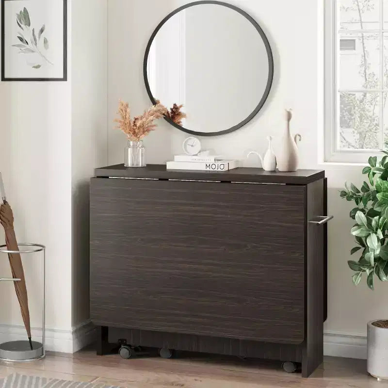 Table à manger pliante COZONY, table de cuisine extensible style ferme avec plateau rabattable, étagère de rangement et 6 roulettes, table multifonction peu encombrante