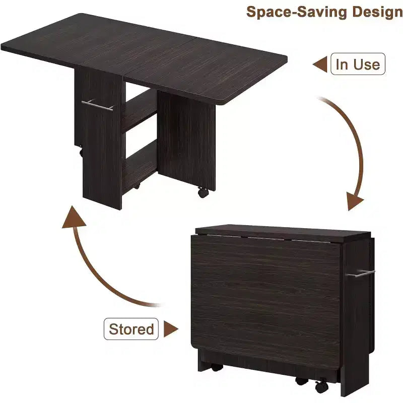 Table à manger pliante COZONY, table de cuisine extensible style ferme avec plateau rabattable, étagère de rangement et 6 roulettes, table multifonction peu encombrante