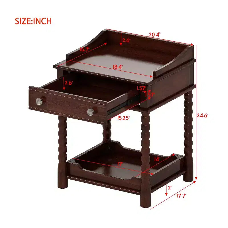 Table de chevet vintage, table d'appoint rétro pour canapé, table d'appoint avec tiroir, étagère ouverte et pieds tournés - ModernLuxe