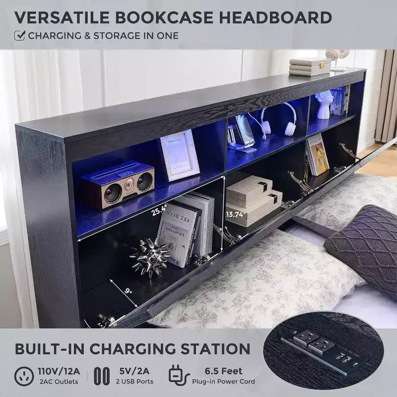 Cadre de lit King Size avec tête de lit, Cadre de lit plateforme moderne en bois avec lumières et station de charge et tiroirs, Aucun sommier tapissier requis