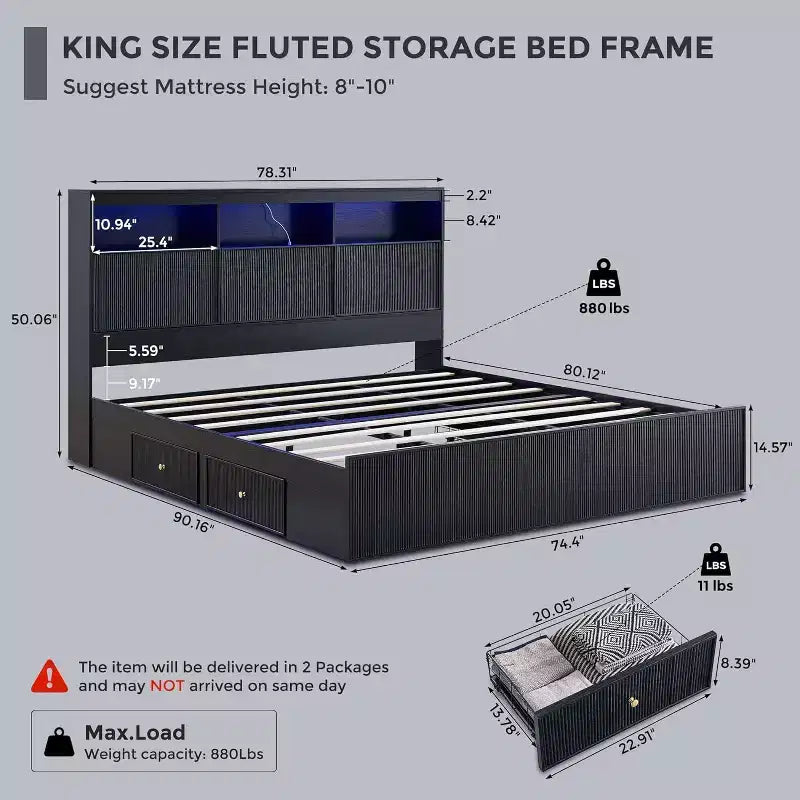 Cadre de lit King Size avec tête de lit, Cadre de lit plateforme moderne en bois avec lumières et station de charge et tiroirs, Aucun sommier tapissier requis