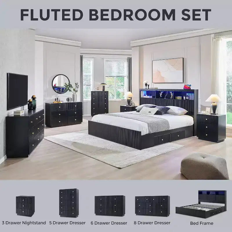 Cadre de lit King Size avec tête de lit, Cadre de lit plateforme moderne en bois avec lumières et station de charge et tiroirs, Aucun sommier tapissier requis