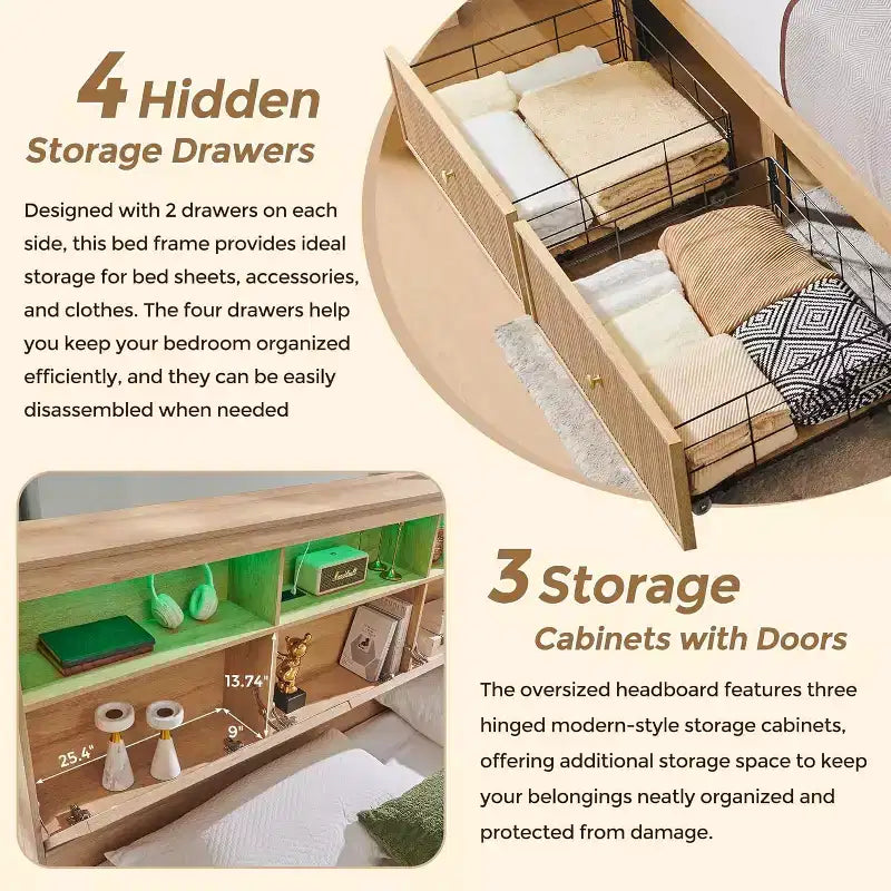 Cadre de lit King Size avec tête de lit, Cadre de lit plateforme moderne en bois avec lumières et station de charge et tiroirs, Aucun sommier tapissier requis