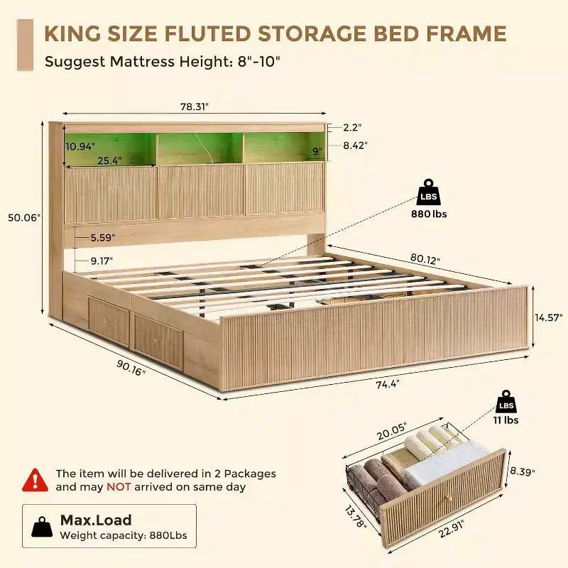 Cadre de lit King Size avec tête de lit, Cadre de lit plateforme moderne en bois avec lumières et station de charge et tiroirs, Aucun sommier tapissier requis