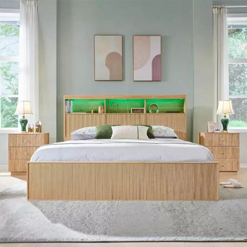 Cadre de lit King Size avec tête de lit, Cadre de lit plateforme moderne en bois avec lumières et station de charge et tiroirs, Aucun sommier tapissier requis