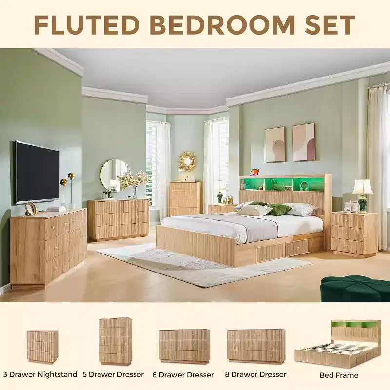 Cadre de lit King Size avec tête de lit, Cadre de lit plateforme moderne en bois avec lumières et station de charge et tiroirs, Aucun sommier tapissier requis