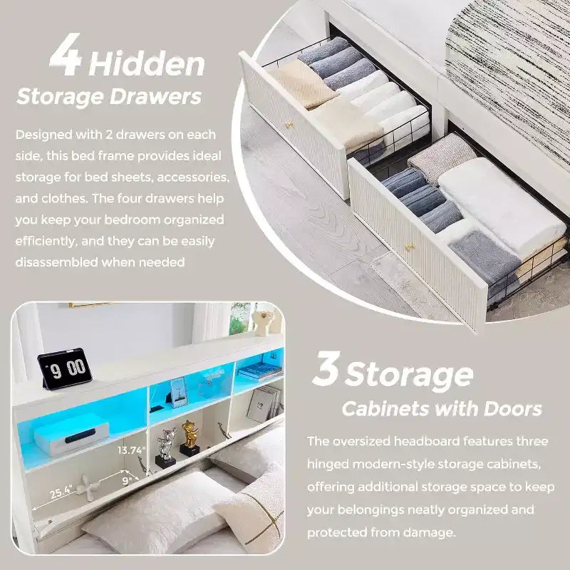 Cadre de lit King Size avec tête de lit, Cadre de lit plateforme moderne en bois avec lumières et station de charge et tiroirs, Aucun sommier tapissier requis