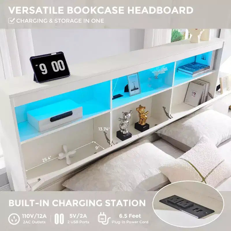 Cadre de lit King Size avec tête de lit, Cadre de lit plateforme moderne en bois avec lumières et station de charge et tiroirs, Aucun sommier tapissier requis