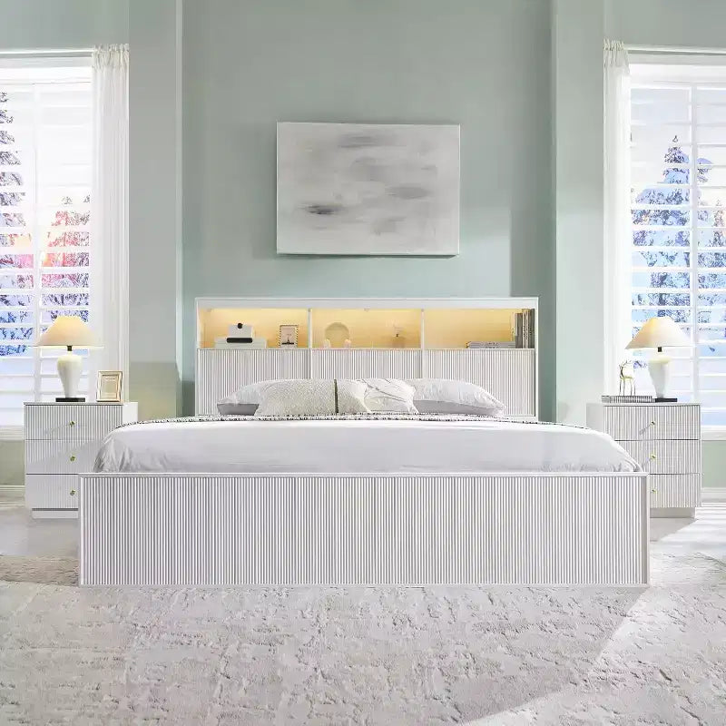 Cadre de lit King Size avec tête de lit, Cadre de lit plateforme moderne en bois avec lumières et station de charge et tiroirs, Aucun sommier tapissier requis