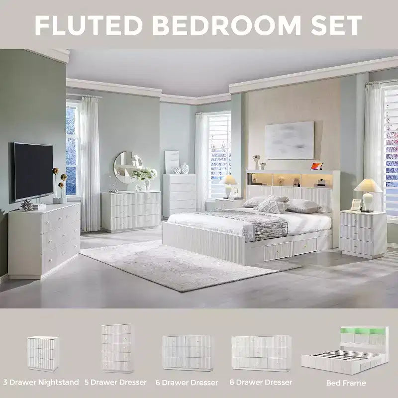 Cadre de lit King Size avec tête de lit, Cadre de lit plateforme moderne en bois avec lumières et station de charge et tiroirs, Aucun sommier tapissier requis