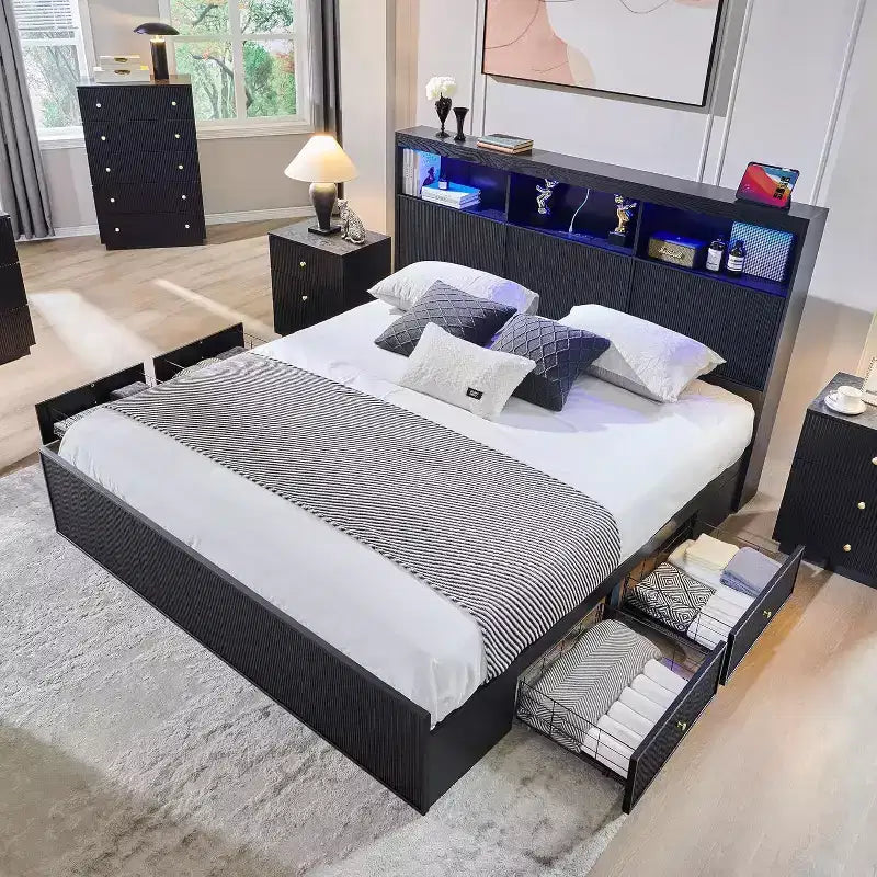 Cadre de lit King Size avec tête de lit, Cadre de lit plateforme moderne en bois avec lumières et station de charge et tiroirs, Aucun sommier tapissier requis
