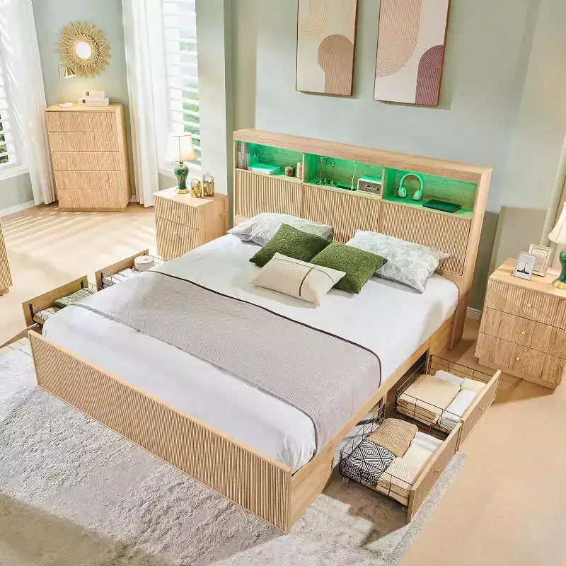 Cadre de lit King Size avec tête de lit, Cadre de lit plateforme moderne en bois avec lumières et station de charge et tiroirs, Aucun sommier tapissier requis