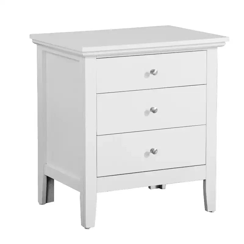 Table de chevet blanche HomeStock 66x61x46 cm avec trois tiroirs spacieux, table de chevet compacte pour le rangement de la chambre et accent lumineux élégant