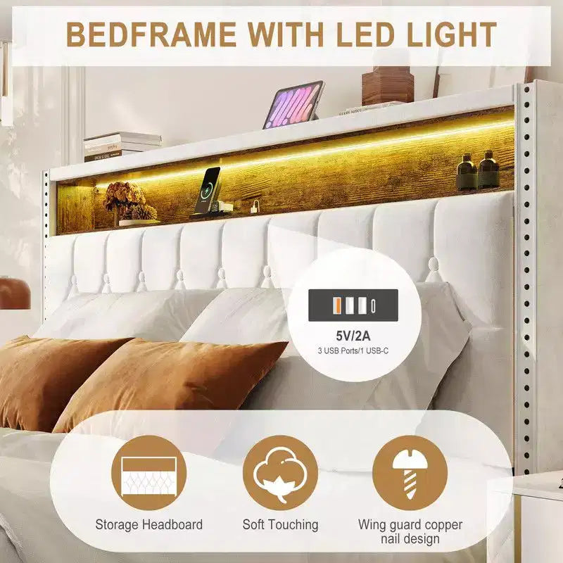 Lit Coolmee avec lumières LED, tailles Full/Queen/King, plateforme rembourrée avec station de charge et tête de lit de rangement à 2 niveaux