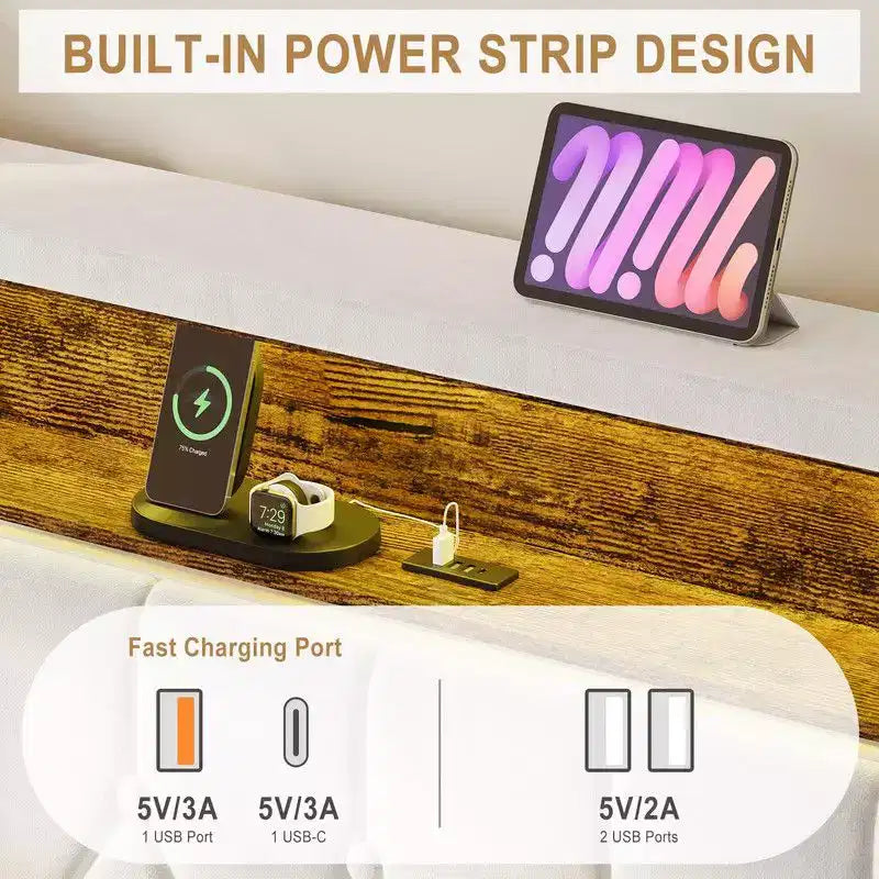 Lit Coolmee avec lumières LED, tailles Full/Queen/King, plateforme rembourrée avec station de charge et tête de lit de rangement à 2 niveaux