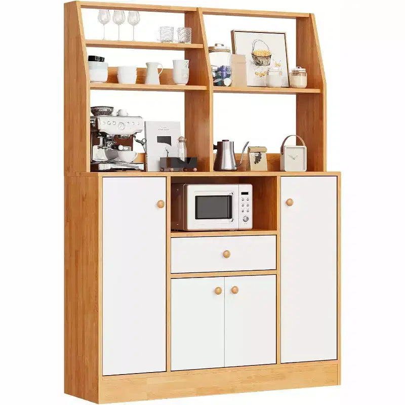 Acekool Petit Meuble Bar à Café de Ferme avec 4 Portes et Étagères Réglables, Buffet de Cuisine en Bois, Desserte de Rangement pour Salle à Manger en Café + Blanc