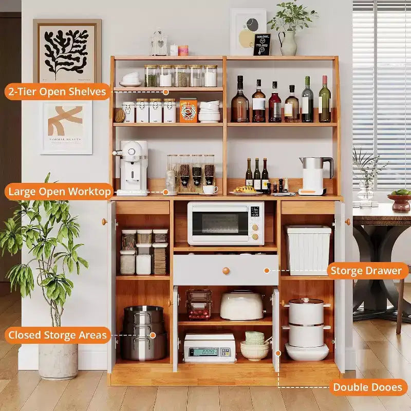 Acekool Petit Meuble Bar à Café de Ferme avec 4 Portes et Étagères Réglables, Buffet de Cuisine en Bois, Desserte de Rangement pour Salle à Manger en Café + Blanc