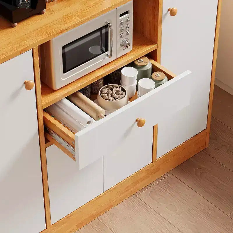 Acekool Petit Meuble Bar à Café de Ferme avec 4 Portes et Étagères Réglables, Buffet de Cuisine en Bois, Desserte de Rangement pour Salle à Manger en Café + Blanc