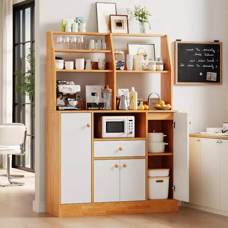 Acekool Petit Meuble Bar à Café de Ferme avec 4 Portes et Étagères Réglables, Buffet de Cuisine en Bois, Desserte de Rangement pour Salle à Manger en Café + Blanc