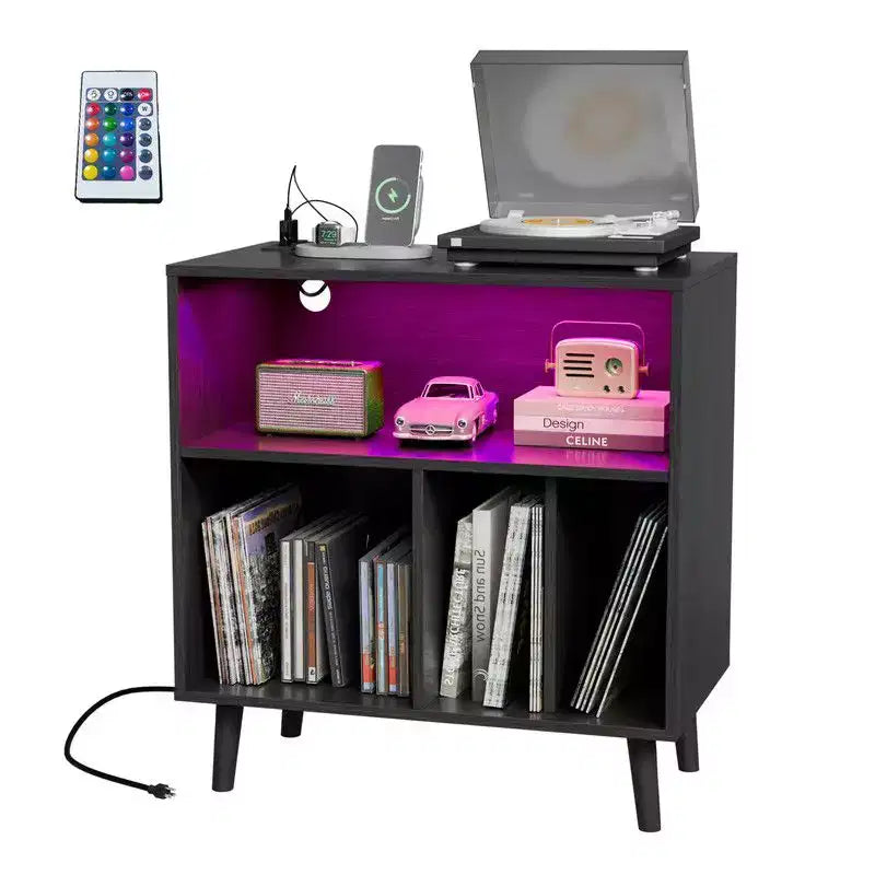 Meuble de rangement pour platine vinyle grande taille Karl Home avec lumières LED et station de charge