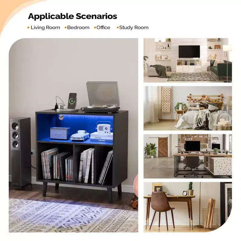 Meuble de rangement pour platine vinyle grande taille Karl Home avec lumières LED et station de charge