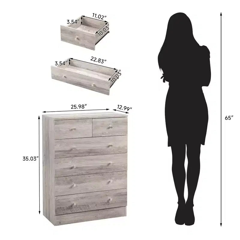 Commode 6 tiroirs Karl Home en panneaux de particules gris, 66 cm de largeur