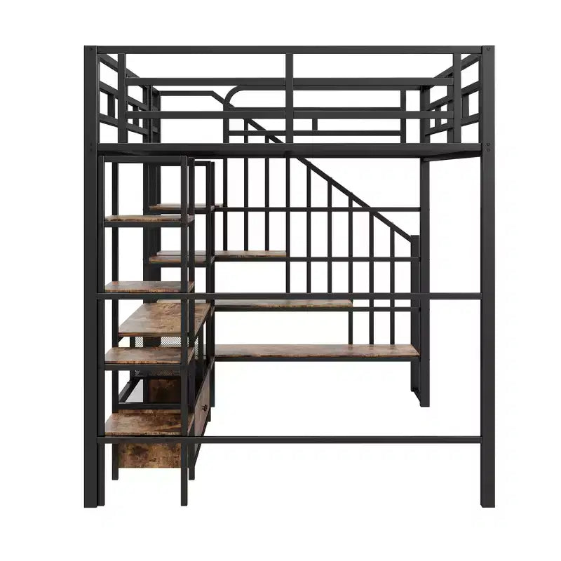 Lit mezzanine en métal pleine grandeur avec escalier, cadre de lit en métal avec table de rangement basse et étagères pour enfants, adolescents et adultes