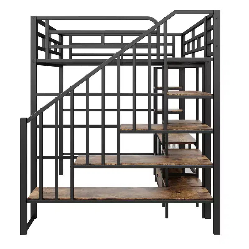 Lit mezzanine en métal pleine grandeur avec escalier, cadre de lit en métal avec table de rangement basse et étagères pour enfants, adolescents et adultes