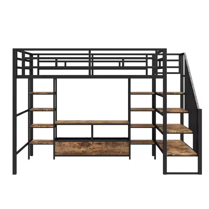 Lit mezzanine en métal pleine grandeur avec escalier, cadre de lit en métal avec table de rangement basse et étagères pour enfants, adolescents et adultes