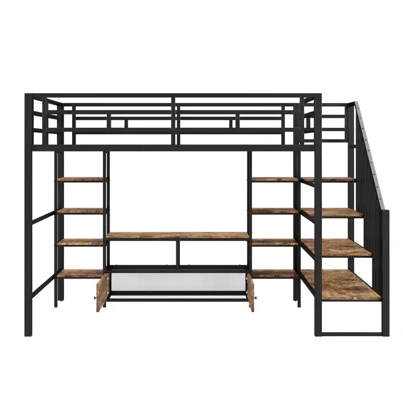 Lit mezzanine en métal pleine grandeur avec escalier, cadre de lit en métal avec table de rangement basse et étagères pour enfants, adolescents et adultes