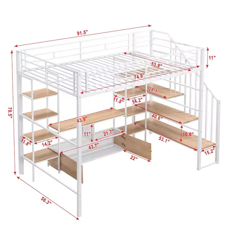 Lit mezzanine en métal pleine grandeur avec escalier, cadre de lit en métal avec table de rangement basse et étagères pour enfants, adolescents et adultes