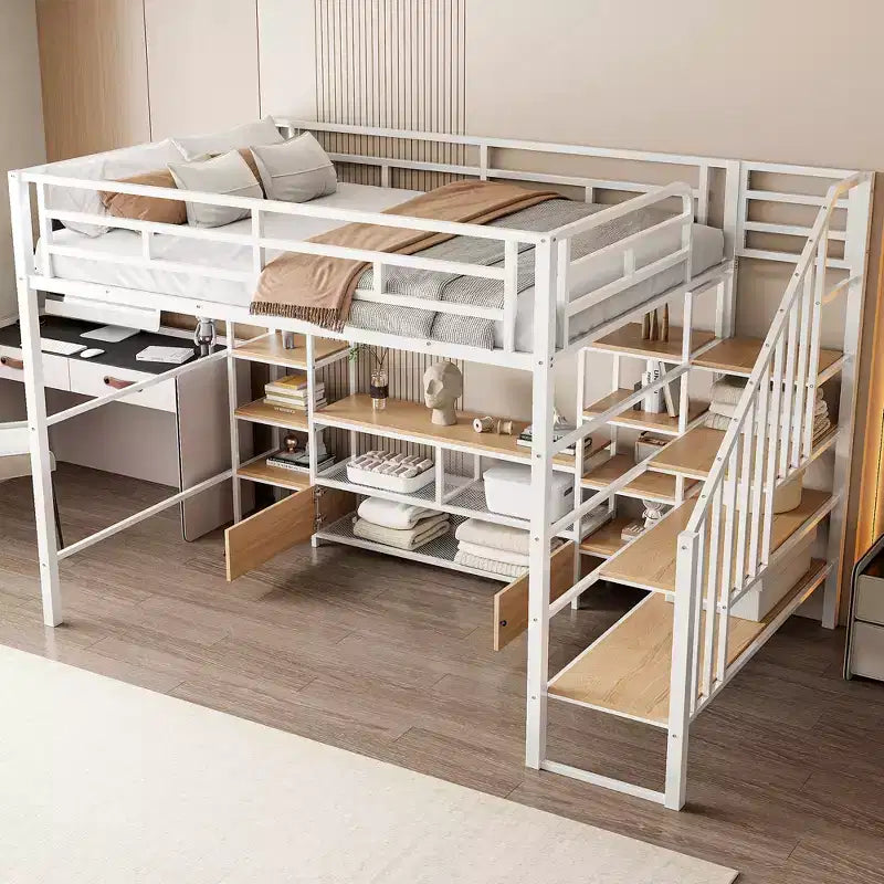 Lit mezzanine en métal pleine grandeur avec escalier, cadre de lit en métal avec table de rangement basse et étagères pour enfants, adolescents et adultes