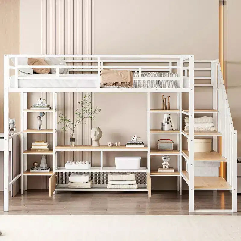 Lit mezzanine en métal pleine grandeur avec escalier, cadre de lit en métal avec table de rangement basse et étagères pour enfants, adolescents et adultes