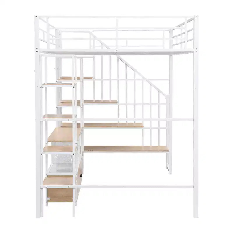 Lit mezzanine en métal pleine grandeur avec escalier, cadre de lit en métal avec table de rangement basse et étagères pour enfants, adolescents et adultes