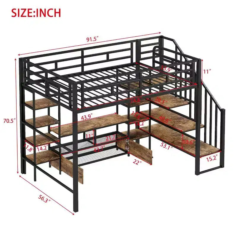 Lit mezzanine en métal pleine grandeur avec escalier, cadre de lit en métal avec table de rangement basse et étagères pour enfants, adolescents et adultes