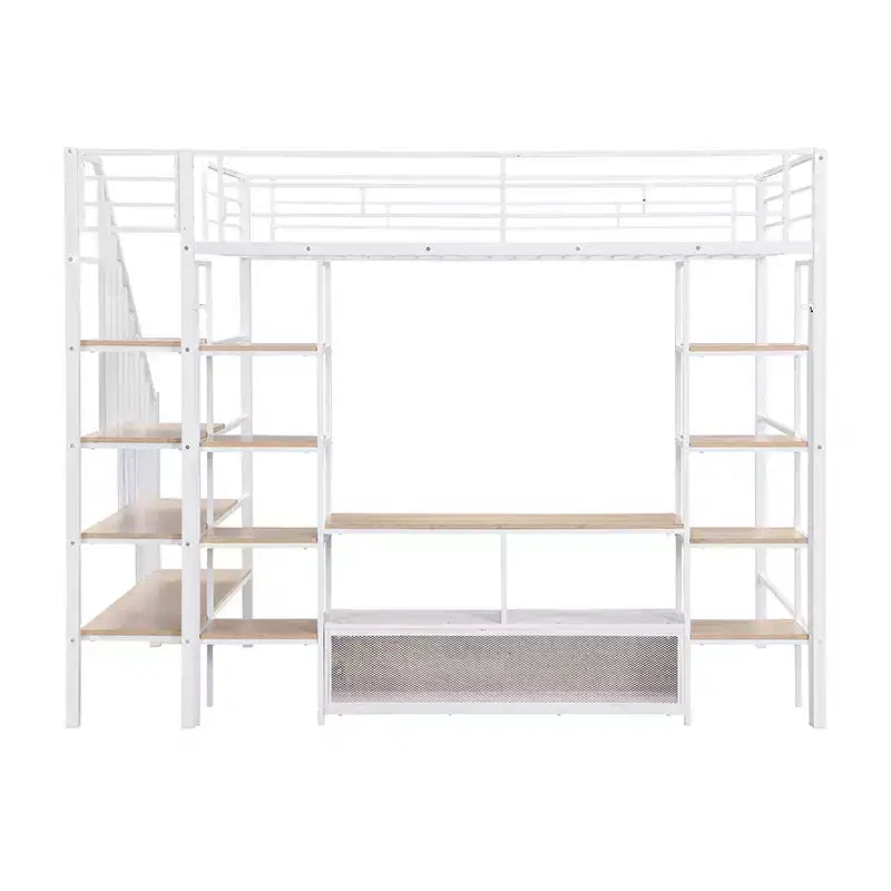 Lit mezzanine en métal pleine grandeur avec escalier, cadre de lit en métal avec table de rangement basse et étagères pour enfants, adolescents et adultes