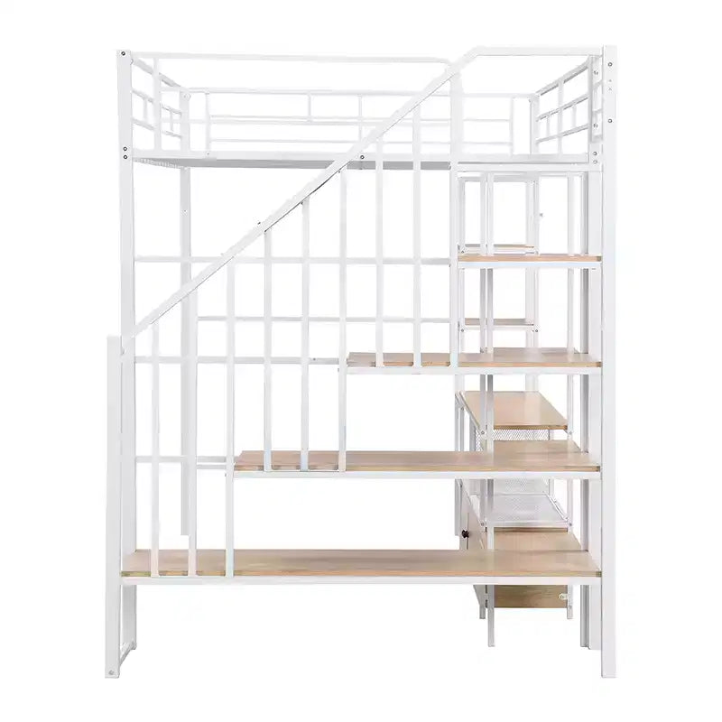 Lit mezzanine en métal pleine grandeur avec escalier, cadre de lit en métal avec table de rangement basse et étagères pour enfants, adolescents et adultes