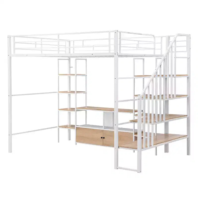 Lit mezzanine en métal pleine grandeur avec escalier, cadre de lit en métal avec table de rangement basse et étagères pour enfants, adolescents et adultes